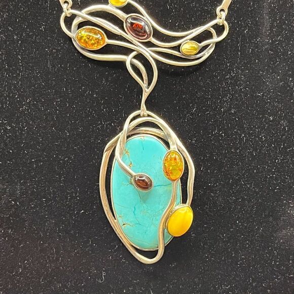 Turquoise and multi color Amber 925 Art Deco design necklace. - Picture 6 of 8